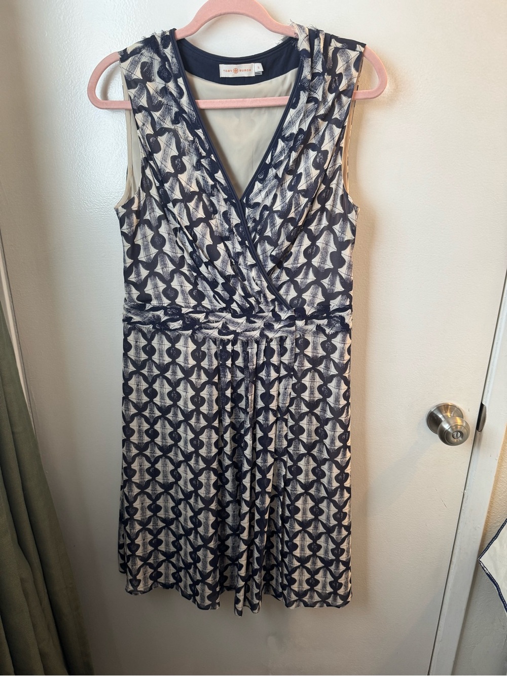 Tory Burch Navy and White Sleeveless Wrap-Style Midi Dress
